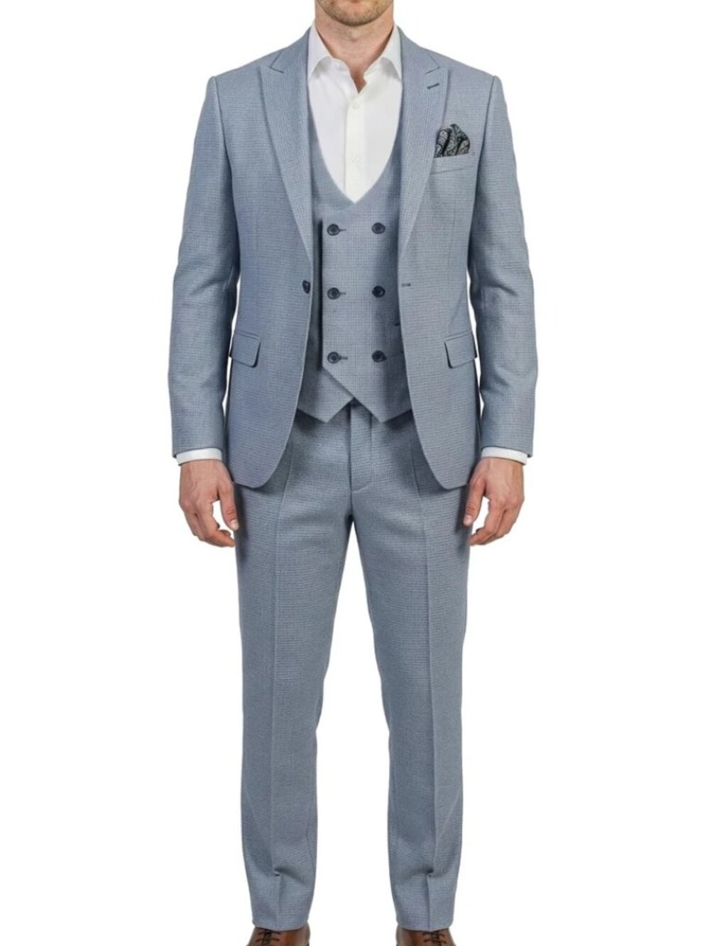 Blue Birdseye Double Breasted Vest Peak Lapel 3 Piece Skinny Fit Men's Suit